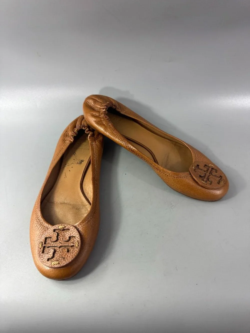 Tory Burch Reva Brown Leather Scrunch Ballet Flats, Size 10 M